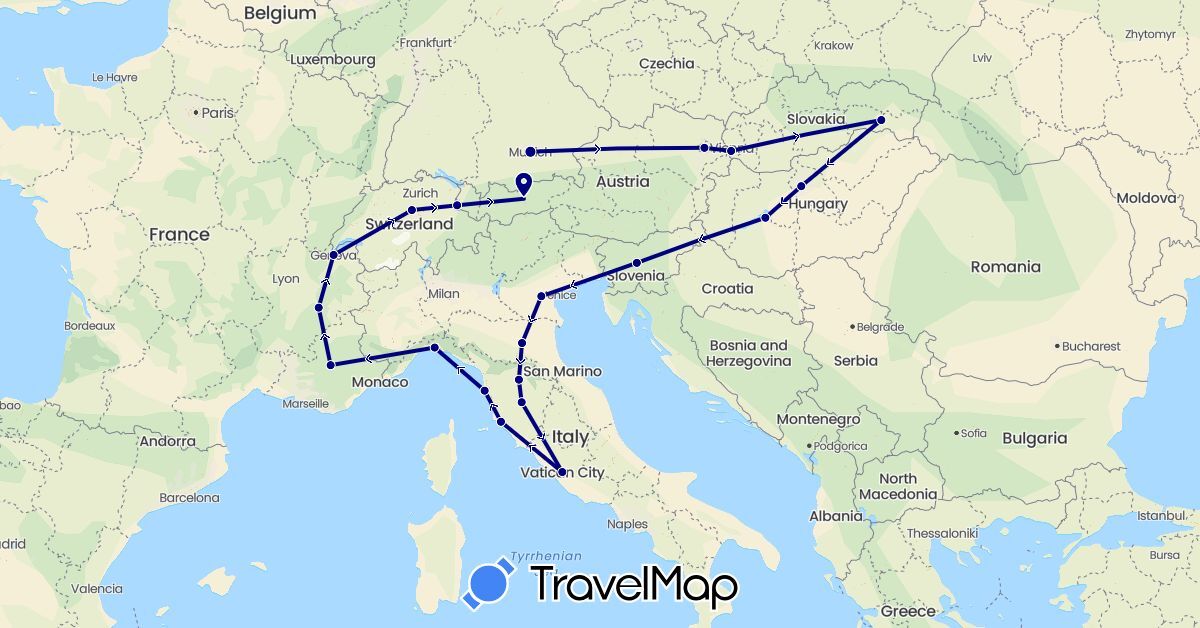 TravelMap itinerary: driving in Austria, Switzerland, Germany, France, Hungary, Italy, Liechtenstein, Slovenia, Slovakia, Vatican City (Europe)